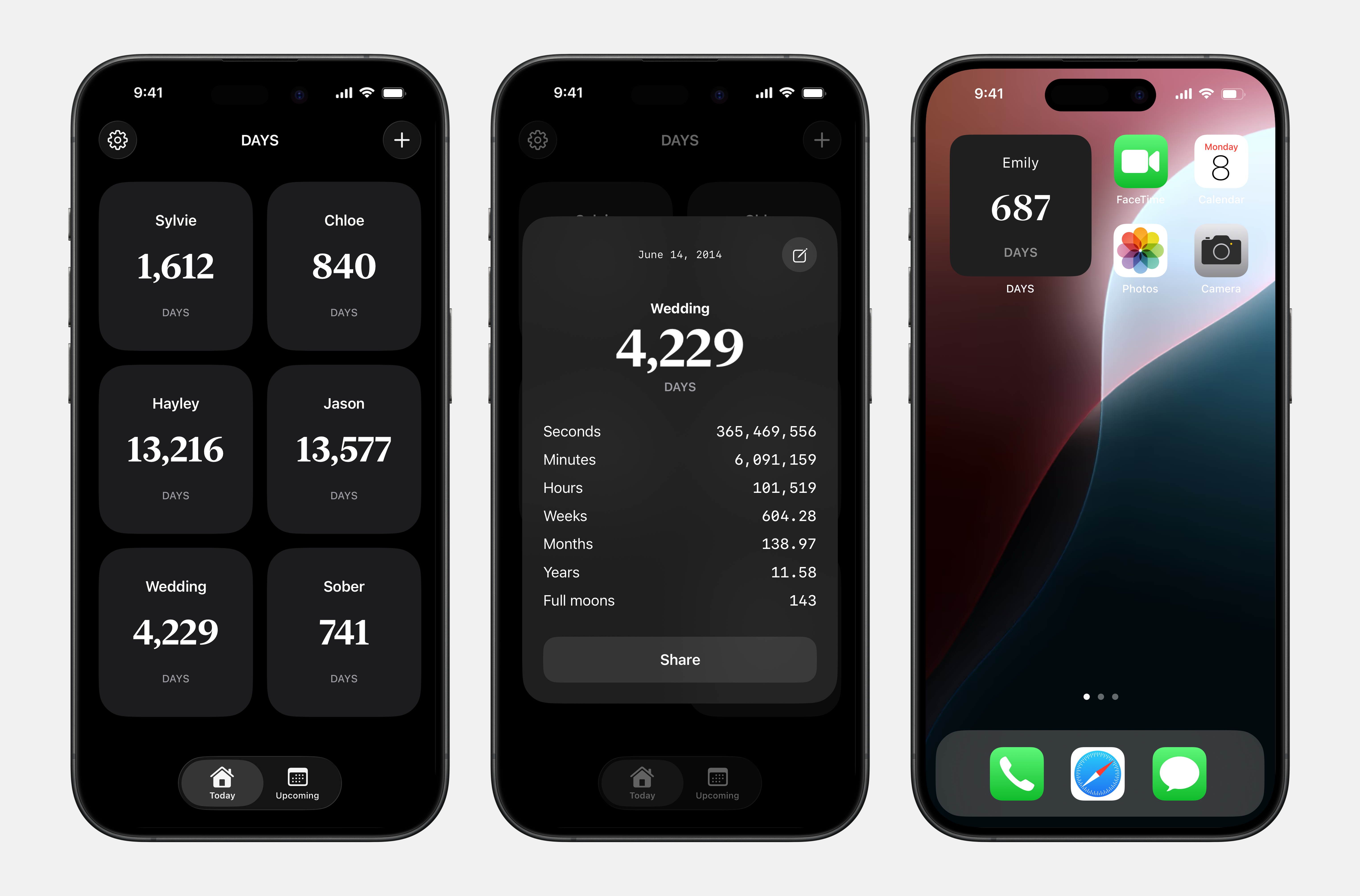 DAYS app interface showing milestone tracking