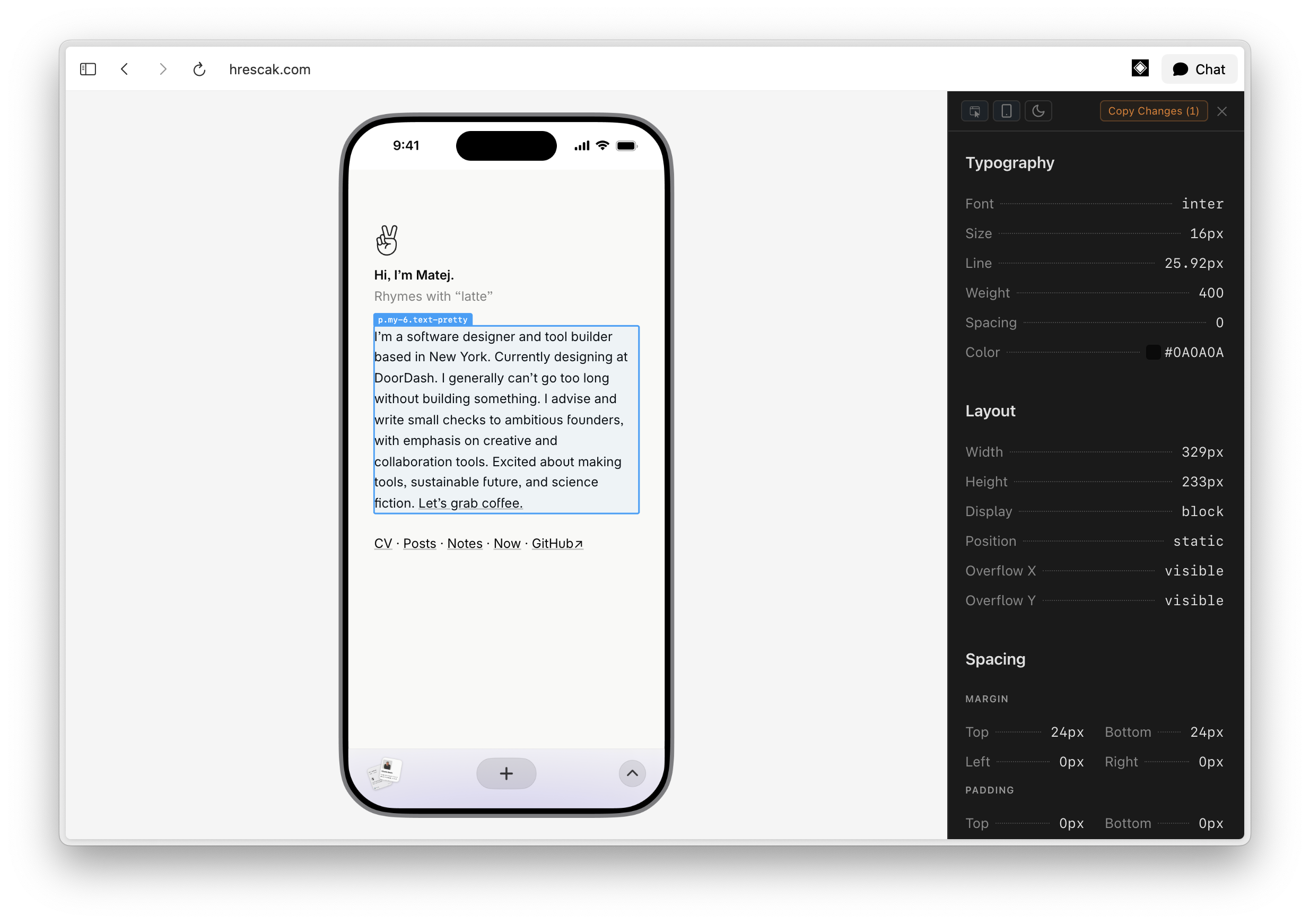 Glance inspecting a website, showing typography, layout, and spacing details in the overlay panel.