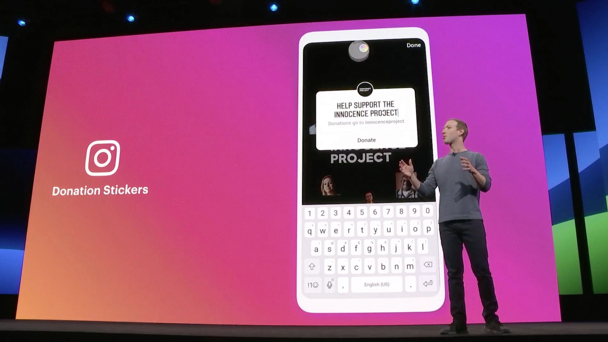 Mark Zuckerberg on stage at f8 in 2019 announcing the launch of the donation sticker