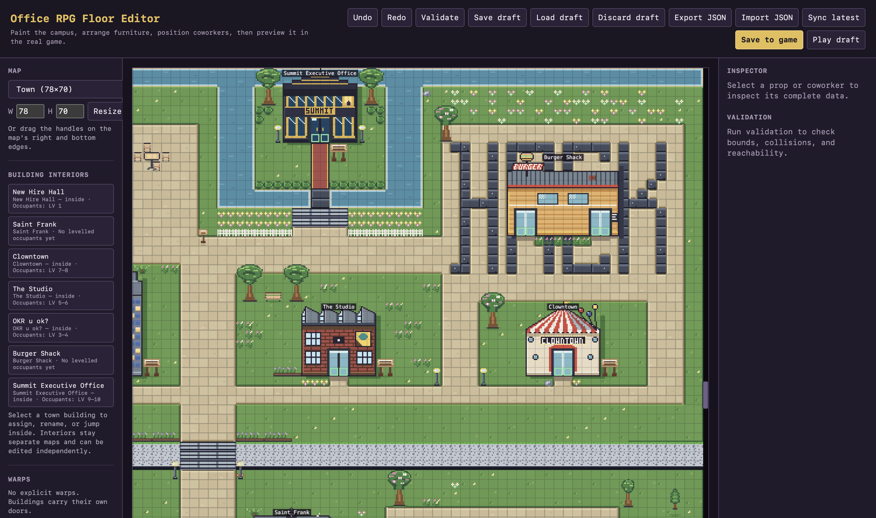 Pixélmon's map editor showing the town grid, building interiors, and tools for editing and previewing the game